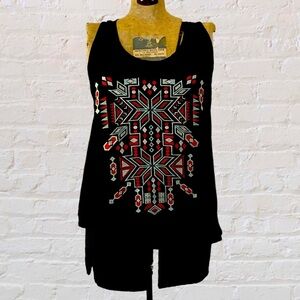 Ya Black Orange Blue Aztec Design Embroidered Boho Sleeveless Top Cotton Blend